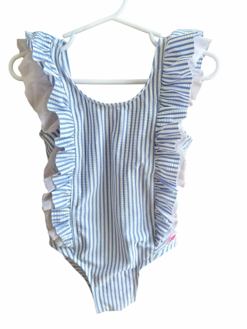 RuffleButts Periwinkle Blue Seersucker Waterfall One Piece UPF 50+ Size 2T